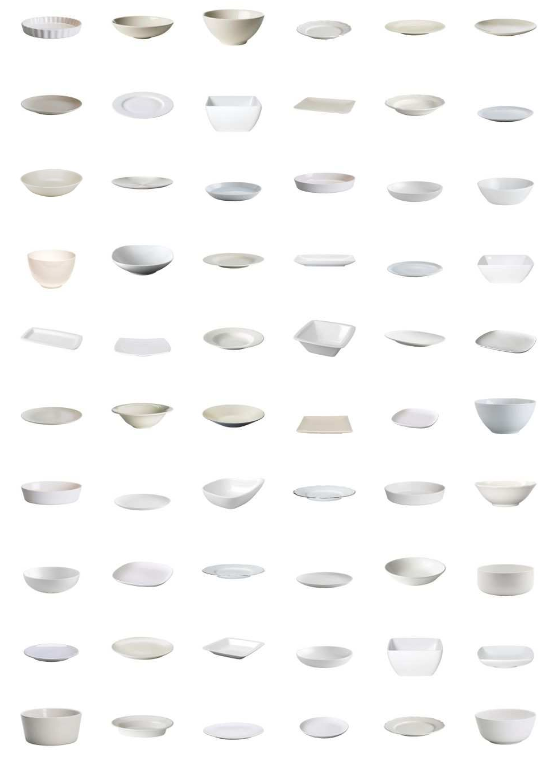 A 10x6 image of white and off-white dishes with varying levels of flatness and sides.