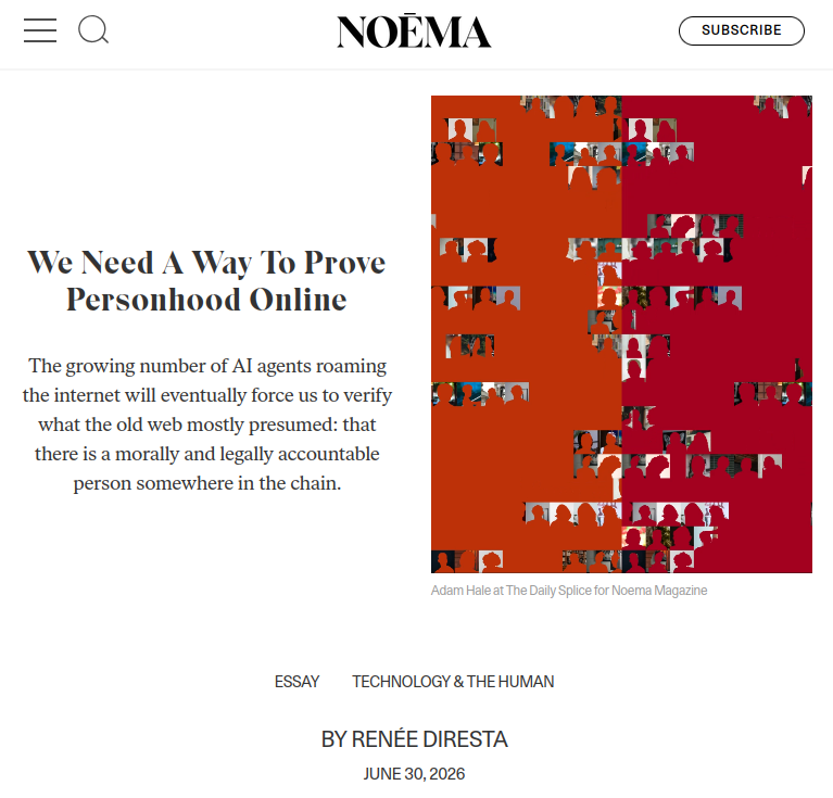 Screenshot of the title and image of the article. A Red background with squares with human-shaped cutouts